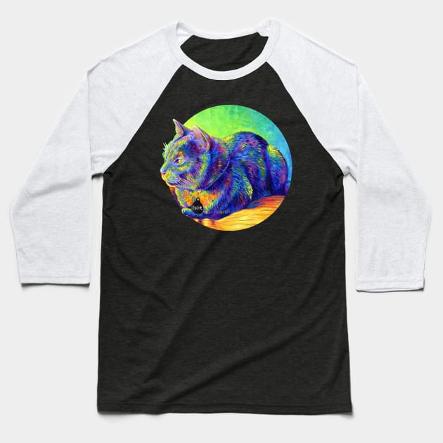 Psychedelic Spirit Rainbow Cat Baseball T-Shirt by rebeccawangart